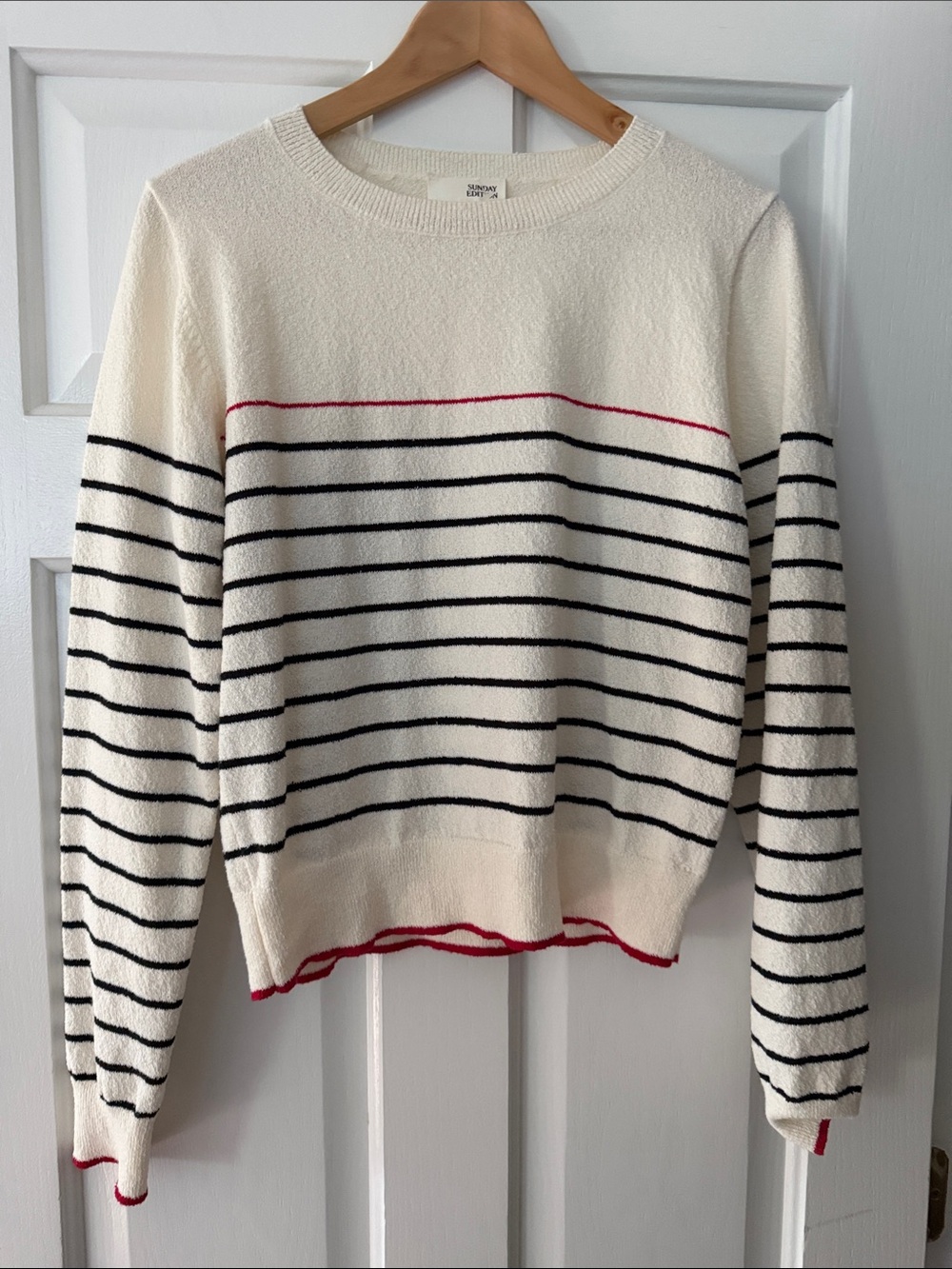 Sunday Edition Cream Striped Crewneck Sweater with Black and Red Trim